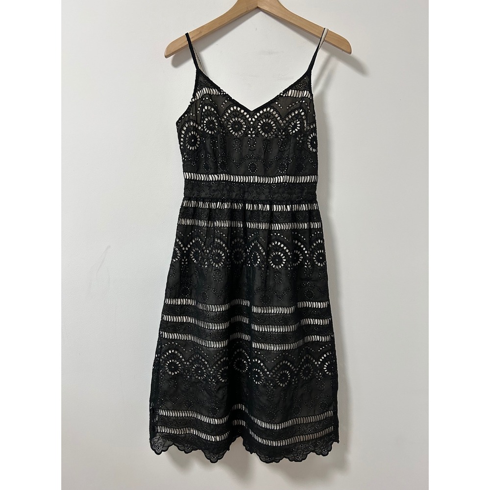 Monsoon Black Eyelet Lace Fit Flare V Neck Spaghetti Strap Dress UK 10 US 6